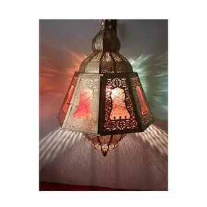Lámpara colgante de pared de cobre y latón para interiores, soporte de pared de vidrio de color marroquí tradicional