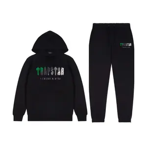 批发Trapstar伦敦运动服黑色和绿色雪尼尔解码运动服品牌雪尼尔连帽运动服Trapstar