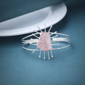 Rose Quartz Silver <b>Kada</b> Handcrafted Adjustable Bangle - Product Image 2