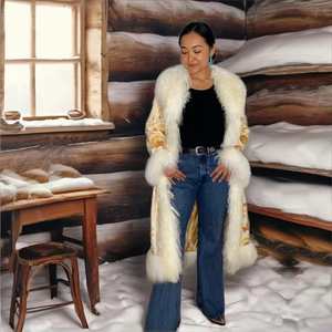 Recién llegado, abrigo largo de piel sintética de oveja Vintage para mujer, abrigo de piel Suzani tejido para la temporada de invierno, traje largo con piel tejida - Product Image 4