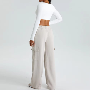 Pantalones Cargo de Pierna Ancha de Cintura Alta con Frente Plano de Felpa Suave para Invierno/Verano para Mujer - Product Image 3