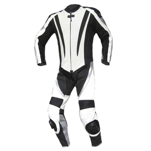 Combinaison de moto personnalisable noire et blanche, conçue avec des zones de protection textiles durables, ajustement confortable, fonctionnalités complètes - Product Image 1