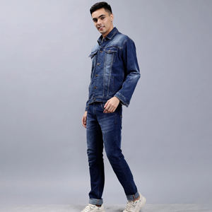 Nueva moda de talla grande personalizada Denim Stretch algodón cintura alta Casual invierno transpirable Jeans y chaqueta conjunto para hombres - Product Image 5