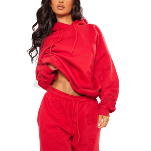 Ondra ชุดวอร์มปักลายกากบาทสีแดงเล็กกระทัดรัดมีฮู้ดและกางเกงสวมใส่สบาย - Product Image 4