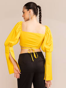 Women's Blazing Yellow <b>Top</b> with Stylish Tie-Up Waist and Short Sleeves Trending Design for Summer Spring Wholesale Price - Product Image 3