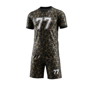 Uniformes de Fútbol Personalizados por Sublimación para Hombre, Patrón Geométrico Negro y Dorado, Jersey de Manga Corta, Ropa Deportiva Transpirable, Número 77 - Product Image 1