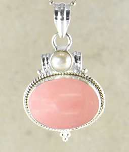 Pendentif en argent sterling 925 plaqué rhodium avec opale rose naturelle et perle d'eau douce, design pour les amoureux - Product Image 2