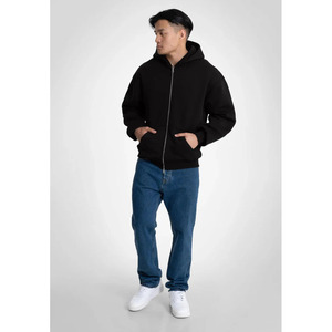 OEM sur mesure de haute qualité fermeture éclair 100% coton polaire tissu noir couleur solide motif sérigraphie fermeture éclair à capuche pour hommes - Product Image 2