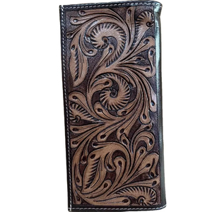 กระเป๋าสตางค์สามทบสไตล์ตะวันตกวินเทจของผู้หญิงสายรัดข้อมือหนังแท้พร้อมสลักดีไซน์ป้องกัน RFID - Product Image 2