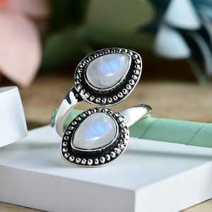 Luxe pierre de lune 925 bague en argent Sterling Boho pour femmes Art déco bague de fiançailles Vintage bande ouverte déclaration bijoux cadeau - Product Image 1