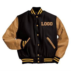 Chaqueta Bomber Varsity Premium con Logotipo Personalizado para Hombre, Cuerpo de Lana Negra, Mangas de Cuero Marrón, Estilo Universitario Clásico, Chaqueta de Invierno - Product Image 1