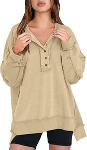 เสื้อสเวตเชิ้ตผู้หญิงทรงโอเวอร์ไซส์ แขนยาว สีแทนอ่อน มีฮู้ด ติดกระดุมด้านหน้า สวมใส่สบาย ทรงหลวม เหมาะสำหรับใส่ในชีวิตประจำวัน ฤดูใบไม้ร่วง - Product Image 2