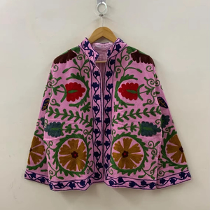 Pink <b>Velvet</b> Suzani Hand Embroidered <b>Jacket</b> Floral Printed Collared Tailored Bomber Coat Trendy Hippie Summer <b>Jacket</b> - Product Image 1