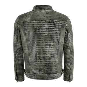 Chaqueta de Lona y Cuero Premium en Gris Negro Brillante, Personalizada con Textura Repujada y Cierre de Cremallera - Product Image 3