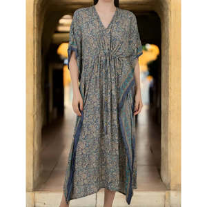 Caftán Largo de Seda Suave Color Ámbar con Estampado Floral # 1628 Trajes de Baño para Mujer - Product Image 1