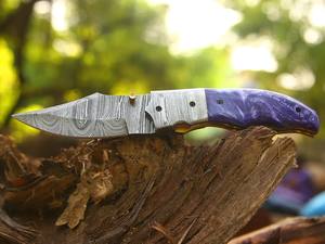 Couteau utilitaire à lame pliante en acier de Damas de qualité industrielle, manche en résine, étui de transport vertical, poche EDC, chasse, camping - Product Image 2