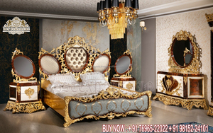 เตียงคิงไซส์สไตล์รอยัลไม้สัก,เตียงคิงไซส์พร้อมสตูลด้านข้างเตียงสำเร็จรูปสีทองหรูหราดีไซน์ใหม่ - Product Image 6