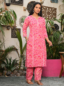 Kurti décontracté pour femmes, en coton rose à rayures imprimées, séchage rapide, manches trois quarts, ethnique, pour les fêtes - Product Image 2