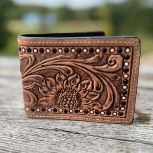 Tarjetero Bifold de Cuero Genuino 100% Hecho a Mano con Diseño de Girasol Tallado, Bloqueo RFID, Impermeable, Estilo Vintage Occidental - Product Image 4