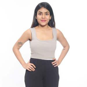 Chic gris acanalado Crop Tank Top para mujer estirable sin mangas Spandex punto cuello cuadrado verano Casual capas Top - Product Image 5