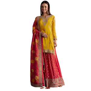 Conjunto de tejido amarillo Kurta con Zari Palazzo y Floral Dupatta, venta al por mayor, Ropa Étnica para mujer, fábrica de ropa OEM, Festival personalizado - Product Image 3