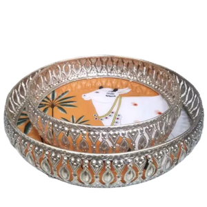 Handmade 25x25 cm German Silver Decorative Tray with Sticker <b>Print</b> | Elegant Fruit Serving Platter & Festival Return Gift - Product Image 1