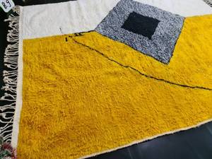 Tapis moderne fait à la main Beni Ourain tapis de zone de laine abstrait blanc moutarde tapis berbère tissé à la main pour salon intérieur extérieur - Product Image 4