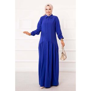 เดรสฮิญาบคอตั้งมีกระดุมทรงแซ็กโซโฟนหรูหราเรียบง่ายพิมพ์ลายสีทึบทรงตรงสำหรับปาร์ตี้ฤดูร้อนแบบอิสลาม - Product Image 5