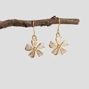 Boucles d'oreilles pendantes fleur en zircon blanc, argent sterling 925, or/rhodium, bijoux floraux délicats et mignons, cadeau de fête pour elle - Product Image 5