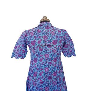 ชุดเดรสมิดิแขนสั้นคอวีสำหรับผู้หญิง, ชุดเดรสผ้าฝ้ายพิมพ์ลายดอกไม้สีฟ้าระบายอากาศได้ดีแห้งสบายๆ - Product Image 6