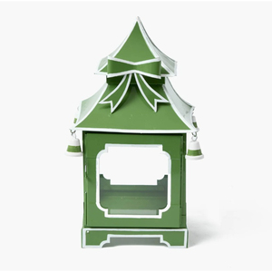 Elegante Farol de Mesa Decorativo para el Hogar, de Metal y Vidrio, con Diseño de Pagoda Pintado a Mano en Verde Manzana y Blanco - Product Image 1