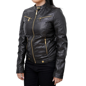 Chaqueta de cuero de manga larga con cremallera para mujer Chaqueta de cuero de mujer de aspecto elegante con bolsillo - Product Image 6