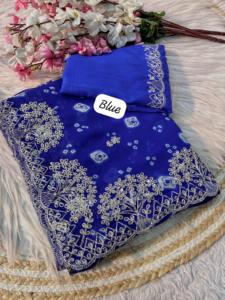 Sari Bordado para Mujer con Georgette Bandej, Seda Pesada, Estilo Bollywood Indio, Hecho en India - Product Image 3