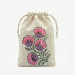 Pink Floral Embroidered Cotton <b>Drawstring</b> <b>Pouch</b> Bag Envelope Sealing for Storage Packaging Clothing Watches Bracelets Jewellery - Product Image 1