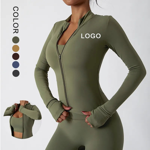 2024 femmes pleine fermeture éclair sport Yoga survêtement veste solide motif entraînement coupe ajustée avec trous pour les pouces grande taille lavé techniques - Product Image 1