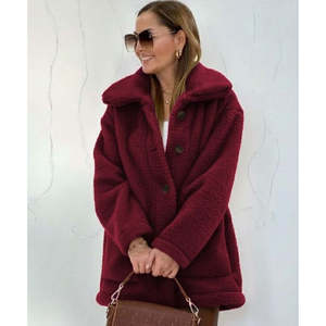 Abrigo de Mujer con Cuello y Botones Delanteros, de Manga Larga, en Felpa, 29581 - Borgoña - Product Image 2