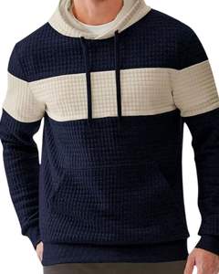 Custom Men Navy Blue & <b>Quilted</b> Hoodie Pullover Long Sleeve Casual <b>Sweatshirt</b> Winter Wear With Contrast Panel And Drawstring Hood - Product Image 1