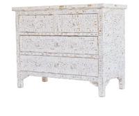 Table basse de style marocain moderne avec incrustations en os et en résine, noir et blanc, 4 tiroirs
