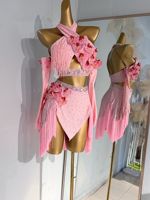 Nouveaux costumes de danse latine pour femmes, jupes de danse latine, haut à col halter avec fleurs à franges, ensemble jupe et haut, costume de danse rose