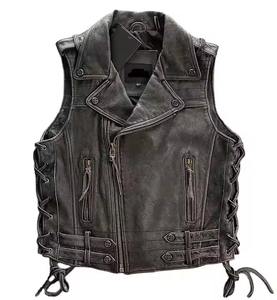 Chaleco de cuero antiguo para hombre desgastado de talla grande, chalecos de motociclista hechos de cuero de vaca Real - Product Image 1