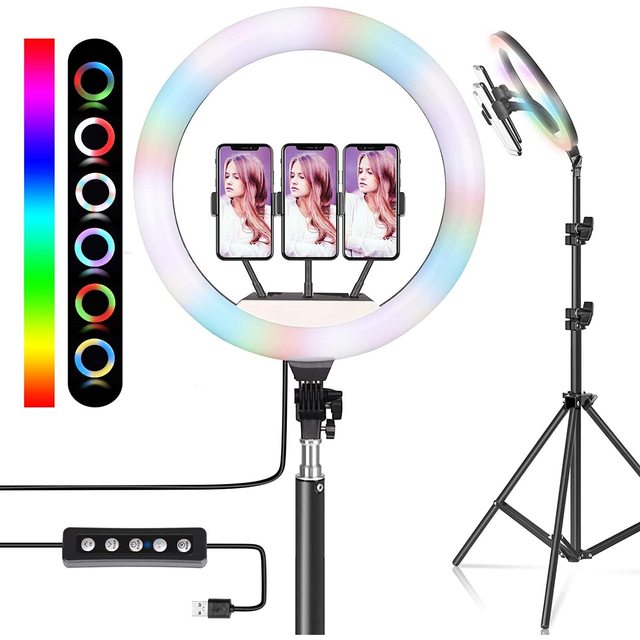 14\" RGB Dimmable LED Ring Light Desk Tripod 3 Phone Holders Universal Compatibility for All Phone Models for Live Streaming