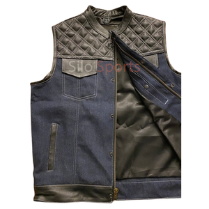 Silo เสื้อกั๊กผ้ายีนส์หนังผู้ชายสีพื้นกระเป๋าด้านหน้าแขนกุดสีพื้นไซส์ใหญ่พิเศษสำหรับฤดูหนาว - Product Image 5