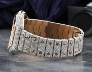 Montre Hip Hop de Luxe Carrée Antique Sertie de Moissanite avec Cadran en Verre, Bracelet en Acier Inoxydable et Accents Or Rose, Largeur 20mm - Product Image 3