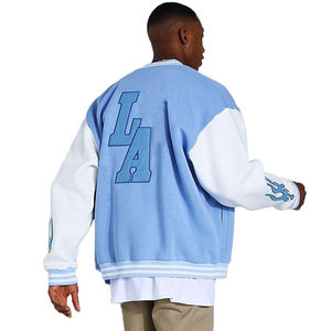 Custom Blue White Stand Collar Front Embroidered Logo <b>Slim</b> <b>Fit</b> <b>Men's</b> Varsity <b>Jacket</b> Button-Up Baseball Style Winter Warm - Product Image 2