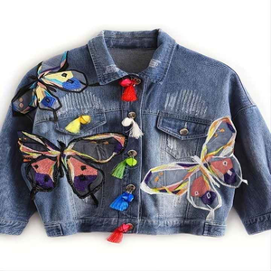 Cropped Ladies <b>Denim</b> <b>Jacket</b> With Customized Butterfly Embroidery Patches & Flower Bud Tassel Decor <b>Long</b> Sleeves <b>Denim</b> <b>Jacket</b> - Product Image 1