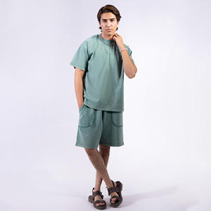 Custom Heavyweight Acid Wash T-Shirt <b>Shorts</b> Set for <b>Men</b> <b>Green</b> New Design Summer Tracksuit 2-Piece Set with Your Brand Name - Product Image 3