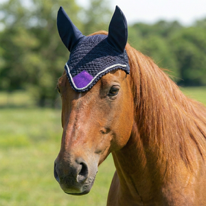 Velo antimoscas para caballo de ganchillo negro con detalles morados y ribete de cuerda plateada, suave, de alta calidad, cómodo, con cubre orejas, gorro ecuestre hecho a mano - Product Image 1