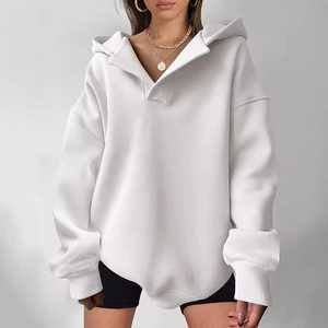 Jersey extragrande de lana de algodón 100% para mujer, Sudadera con capucha, manga larga suelta, bordado, estampado sólido, moda de otoño personalizada - Product Image 1
