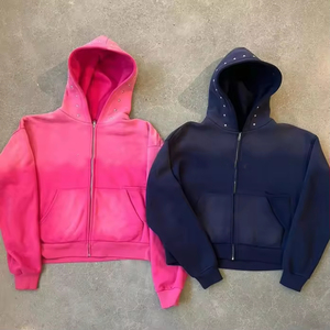 OEM personalizado con remaches de diamantes de imitación Sudadera con capucha de lana francés Terry algodón Vintage desgastado gradiente ácido lavado Zip up Sudadera con capucha - Product Image 4