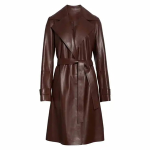 Abrigo de Cuero Tipo Gabardina para Mujer, Piel de Oveja Genuina, Color Marrón, Abrigo Largo de Invierno - Product Image 1